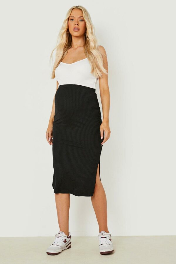 Womens Maternity Rib Split Hem Midi Skirt - Black - 12