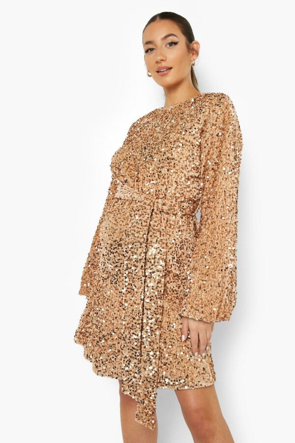 Womens Maternity Sequin Tie Waist Shift Dress - Beige - 10