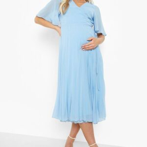 Womens Maternity Wrap Pleated Skater Midi Dress - Blue - 4