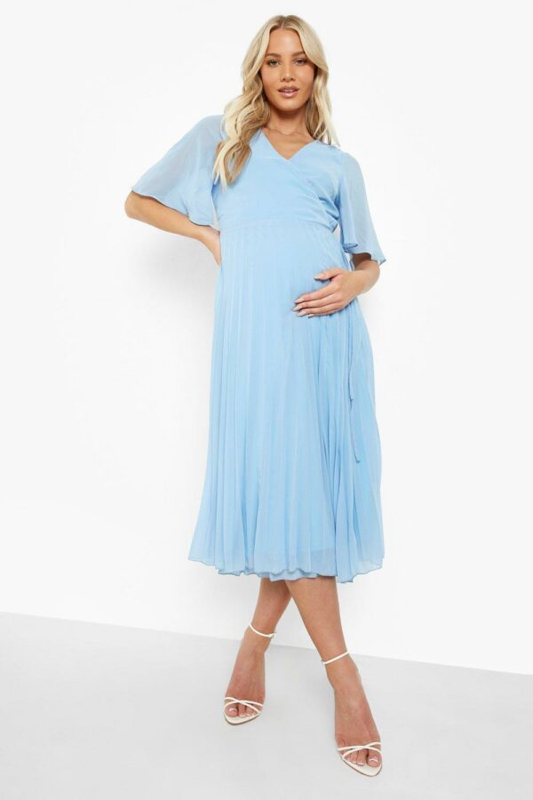 Womens Maternity Wrap Pleated Skater Midi Dress - Blue - 4