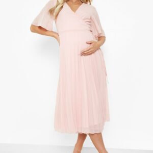 Womens Maternity Wrap Pleated Skater Midi Dress - Pink - 4