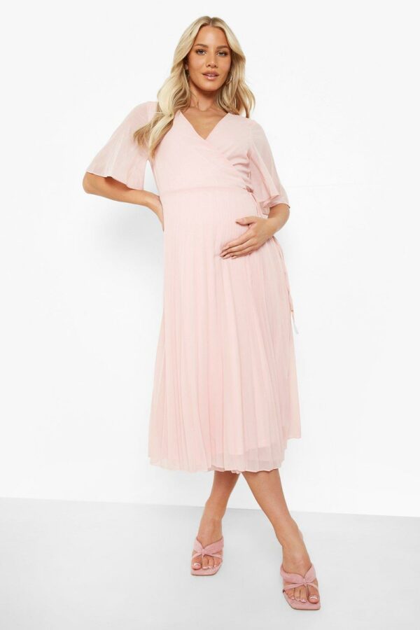 Womens Maternity Wrap Pleated Skater Midi Dress - Pink - 4