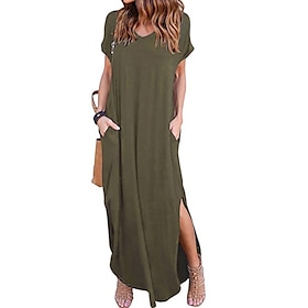 Women's Maxi T-Shirt Dress V-Neck Pocket Short Sleeve Spring Summer Wine Red Green Black 2024 Spring