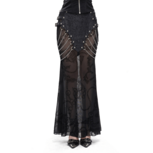 Women's Mesh Fishtail Skirt With Chains / Punk Multi Buckles Long Skirts