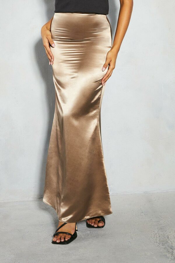 Womens Metallic Satin High Waisted Fishtail Maxi Skirt - bronze - 12, Bronze