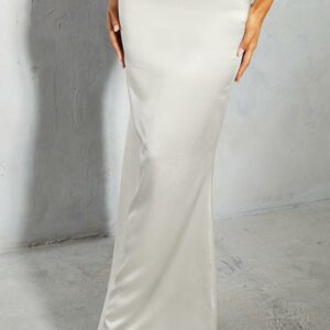 Womens Metallic Satin High Waisted Fishtail Maxi Skirt - silver - 6, Silver