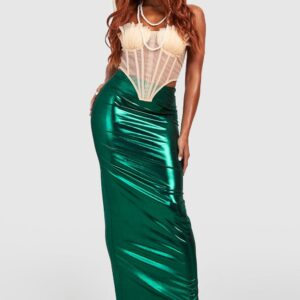 Womens Metallic Slip Fishtail Maxi Skirt - Green - 4