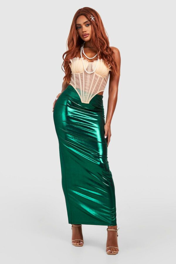 Womens Metallic Slip Fishtail Maxi Skirt - Green - 4