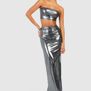 Womens Metallic Slip Fishtail Maxi Skirt - Grey - 8