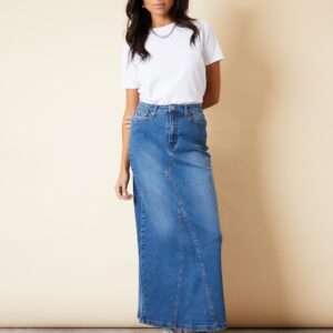 Women's Mid Wash Split Back Fishtail Denim Maxi Skirt