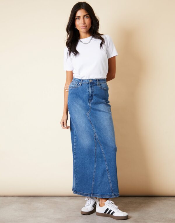 Women's Mid Wash Split Back Fishtail Denim Maxi Skirt