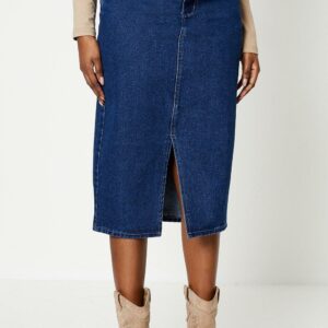 Womens Military Button Midi Denim Skirt