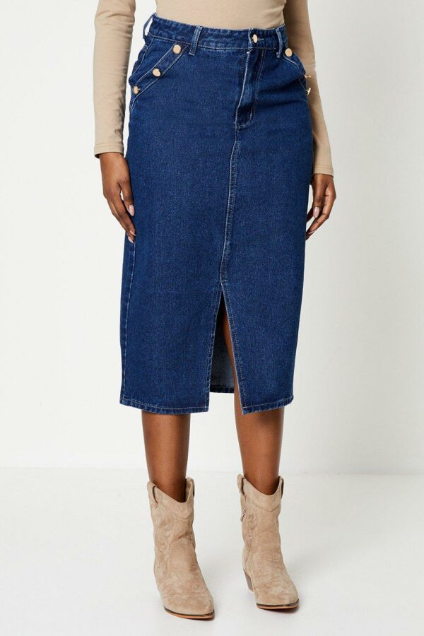 Womens Military Button Midi Denim Skirt