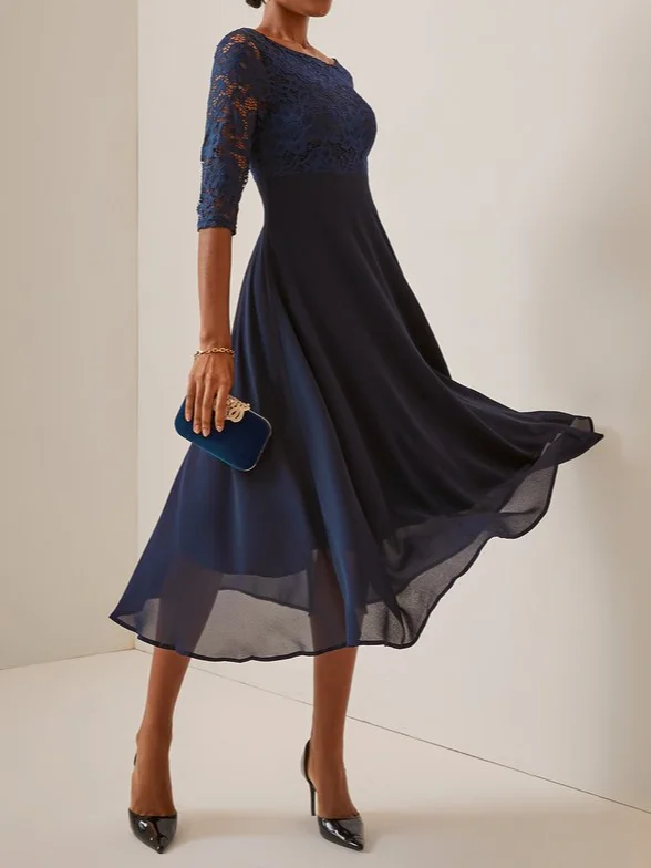 Women's Mother of the Bride Dress Tea-Length Chiffon Lace Boat Neck 3/4 Sleeve Semi Formal Party Dress