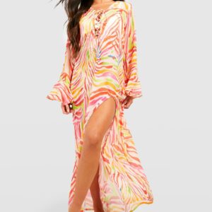 Womens Multi Zebra Lace Up Kaftan Beach Maxi Dress - Pink - L