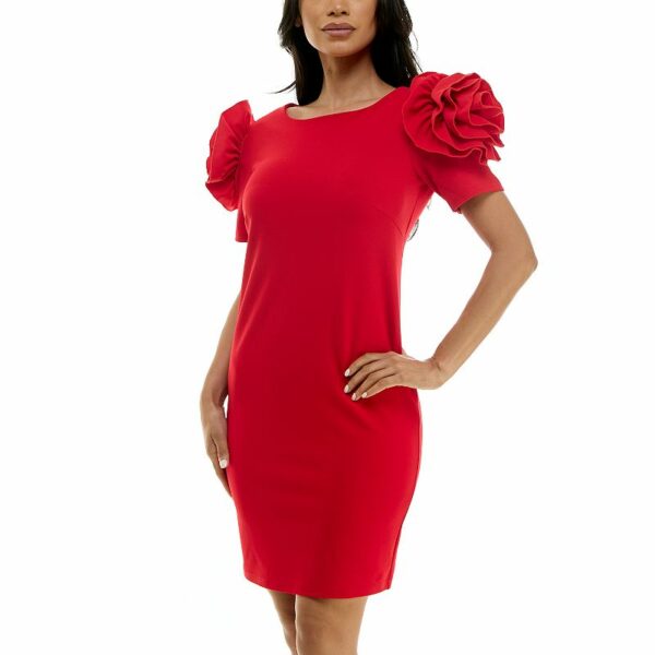 Women's Nina Leonard Shoulder Flower Ruffle Mini Sheath Dress, Size: Medium, Real Red