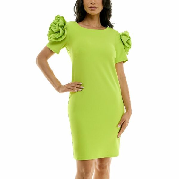 Women's Nina Leonard Shoulder Flower Ruffle Mini Sheath Dress, Size: Small, Bright Green