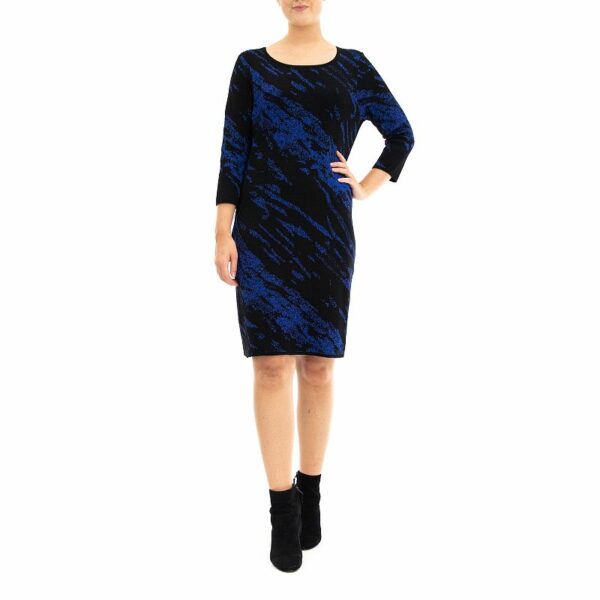 Women's Nina Leonard Three Quarter Jewelneck Sheath Sweater Dress, Size: Medium, Black Deep Blue