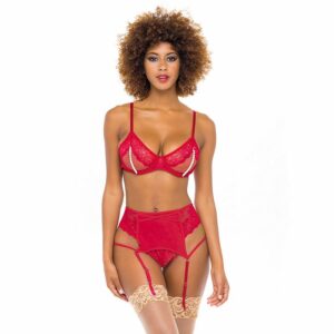 Women's Oh La La Cheri Alyssa Lace & Pearls Bra, Panty & Garter Belt Lingerie Set 40-11569, Size: Large-XL, Red