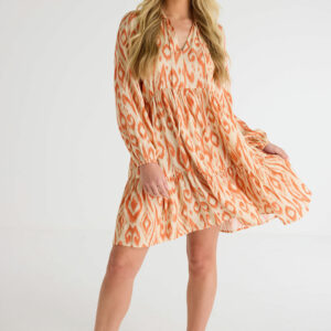 Womens Orange Aztec Print Smock Dress