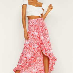 Womens Paisley Bohemian Wrap Ruffle Maxi Skirt - Red - 4