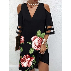 Women's Party Dress Cocktail Dress Shift Dress Mesh Print V Neck 3/4 Length Sleeve Floral Mini Dress Wedding Guest Birthday Elegant Light Yellow Black Summer S