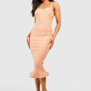 Womens Petite Bandage Frill Hem Midi Dress - Pink - 6