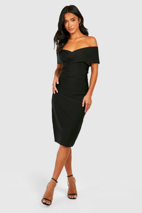 Womens Petite Bandage Wrap Off The Shoulder Midi Dress - Black - 2