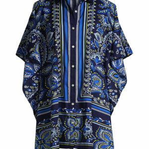 Women's Petite Cotton Poplin Button Down Kaftan Shirt Dress Swim Cover-up Print - Lands' End - Blue - XS