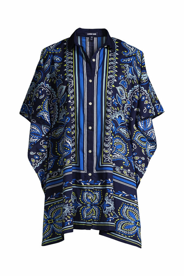 Women's Petite Cotton Poplin Button Down Kaftan Shirt Dress Swim Cover-up Print - Lands' End - Blue - XS