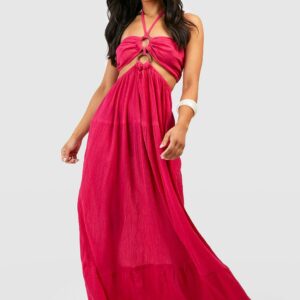 Womens Petite Halter Ring Detail Cheesecloth Beach Maxi Dress - Pink - 12