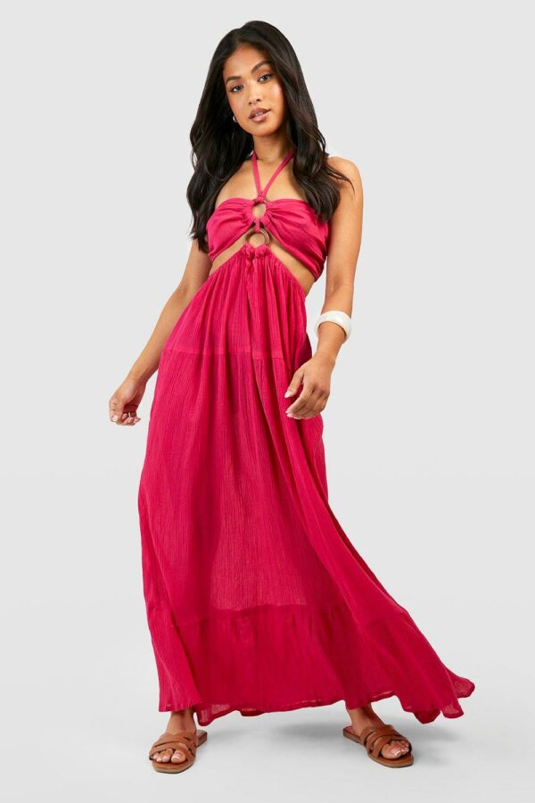 Womens Petite Halter Ring Detail Cheesecloth Beach Maxi Dress - Pink - 12