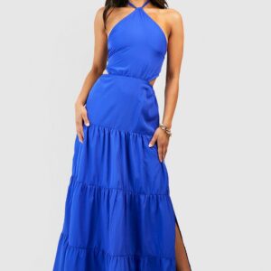 Womens Petite Halter Split Leg Maxi Dress - Blue - 6