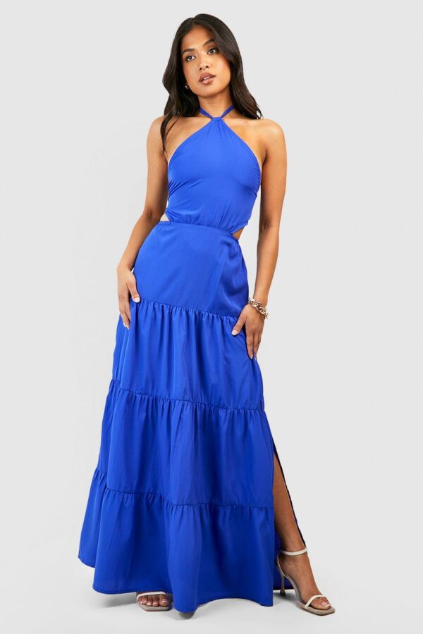 Womens Petite Halter Split Leg Maxi Dress - Blue - 6