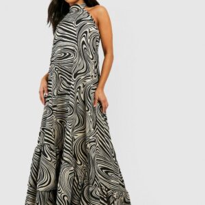 Womens Petite Marble Halter Tiered Maxi Dress - Black - 2