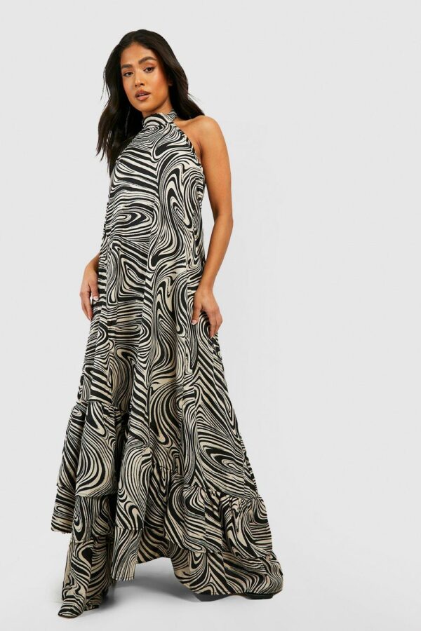 Womens Petite Marble Halter Tiered Maxi Dress - Black - 2