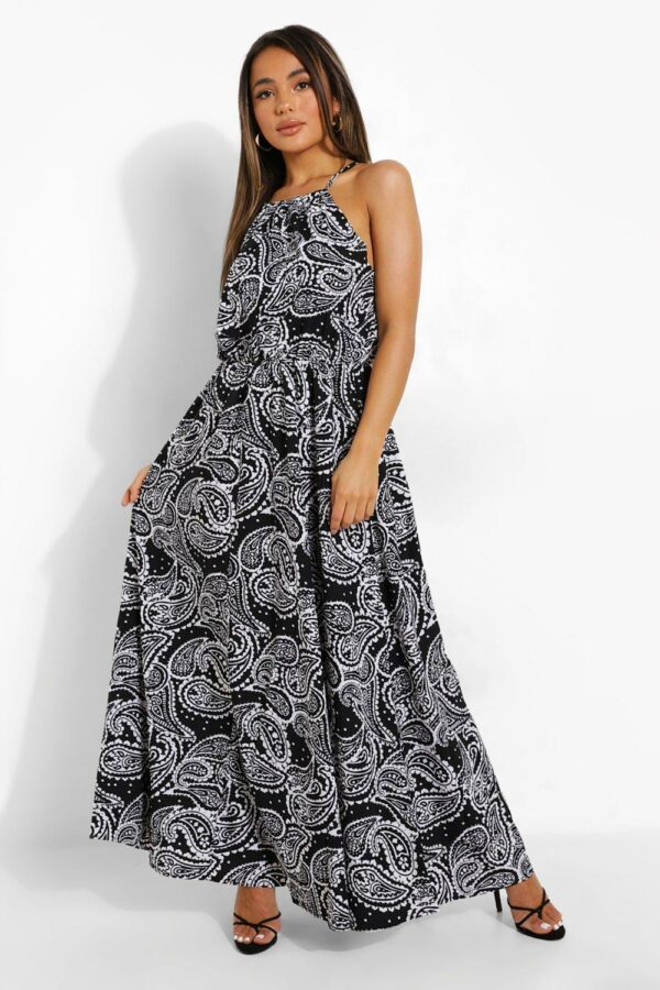 Womens Petite Paisley Print Halter Maxi Dress - Black - 6, Black