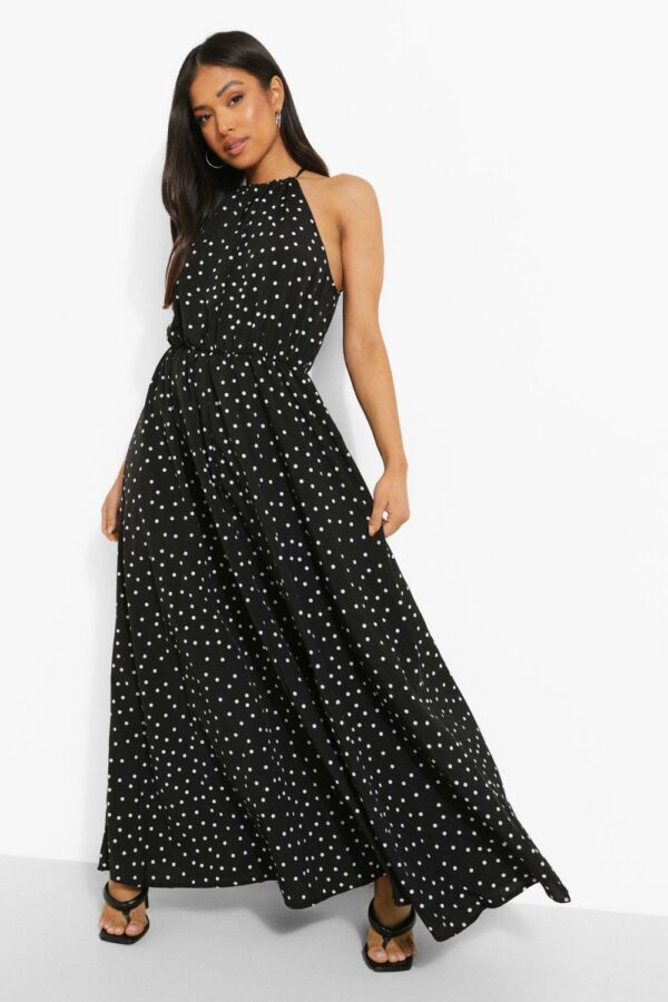 Womens Petite Polka Dot Halter Maxi Dress - Black - 4, Black