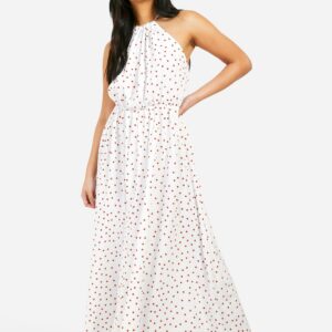 Womens Petite Polka Dot Halter Maxi Dress - White - 6, White