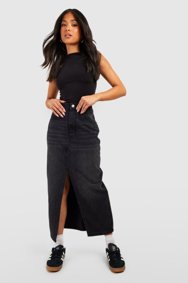 Womens Petite Split Front Denim Maxi Skirt - Black - 12, Black