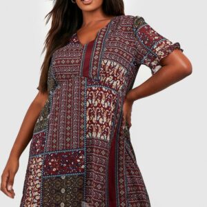 Womens Plus Boho Aztec Ruffle Smock Dress - Red - 18, Red