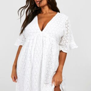 Womens Plus Broderie Smock Dress - White - 16, White