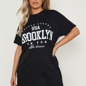 Womens Plus Brooklyn Slogan Oversized T-Shirt Dress - Black - 12