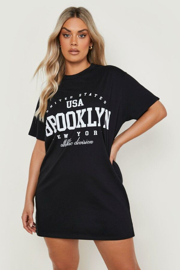 Womens Plus Brooklyn Slogan Oversized T-Shirt Dress - Black - 12