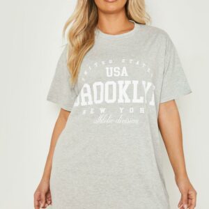 Womens Plus Brooklyn Slogan Oversized T-Shirt Dress - Grey - 22