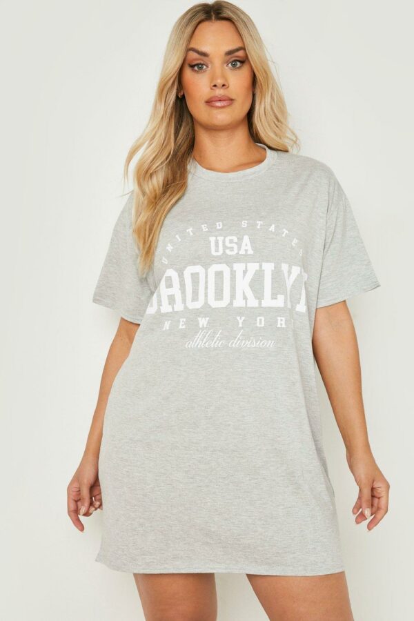 Womens Plus Brooklyn Slogan Oversized T-Shirt Dress - Grey - 22