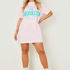 Womens Plus Brooklyn Slogan Oversized T-Shirt Dress - Pink - 22