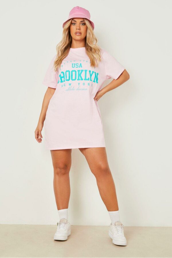 Womens Plus Brooklyn Slogan Oversized T-Shirt Dress - Pink - 22