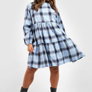 Womens Plus Brushed Check Smock Dress - Blue - 16, Blue