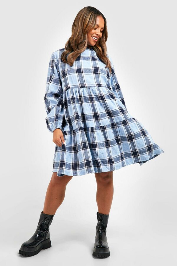 Womens Plus Brushed Check Smock Dress - Blue - 16, Blue